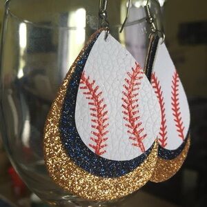 Blue and gold glitter, triple layer baseball dangling earrings